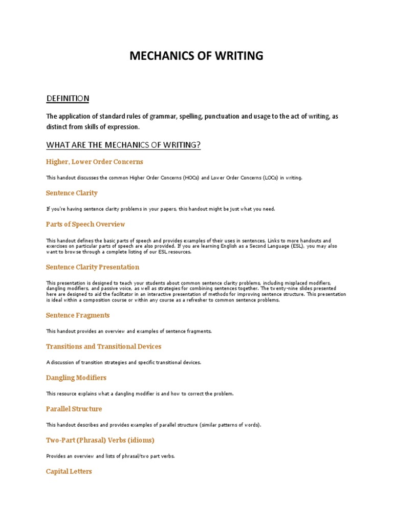 Writing Mechanics for ESL Learners | PDF | Part Of Speech | Verb