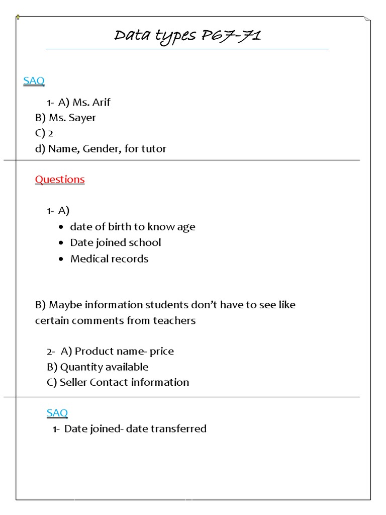Data Types P67-71: Questions | PDF