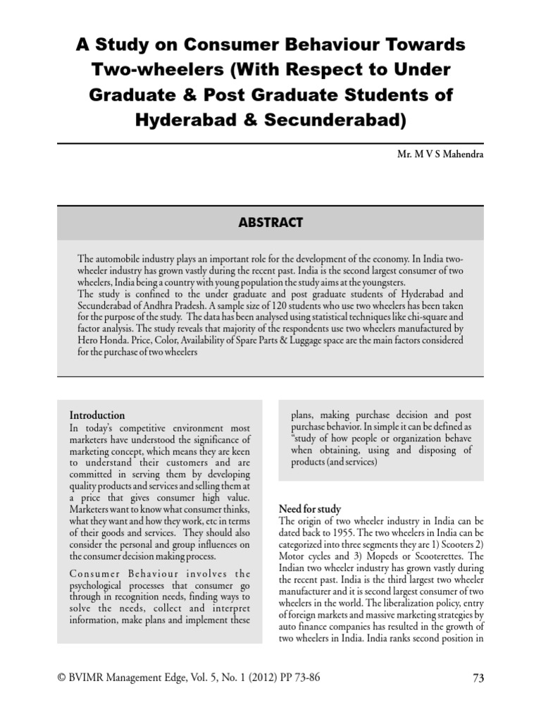 A Study On Consumer Behaviour Towards Two-Wheelers (With Respect To ...
