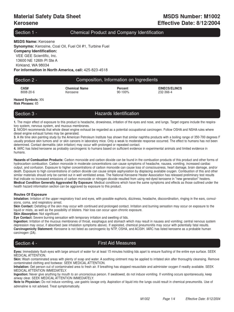 Kerosene MSDS PDF Dangerous Goods Combustion