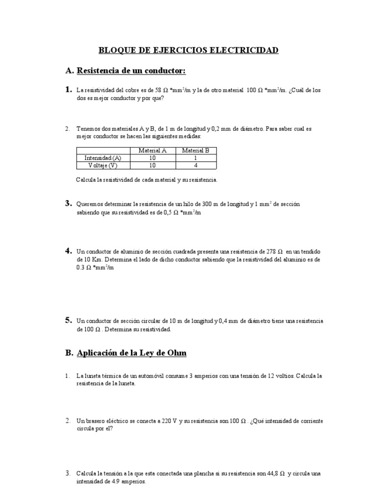 Ejercicios de Electricidad y Circuitos | PDF | Resistencia Eléctrica y ...