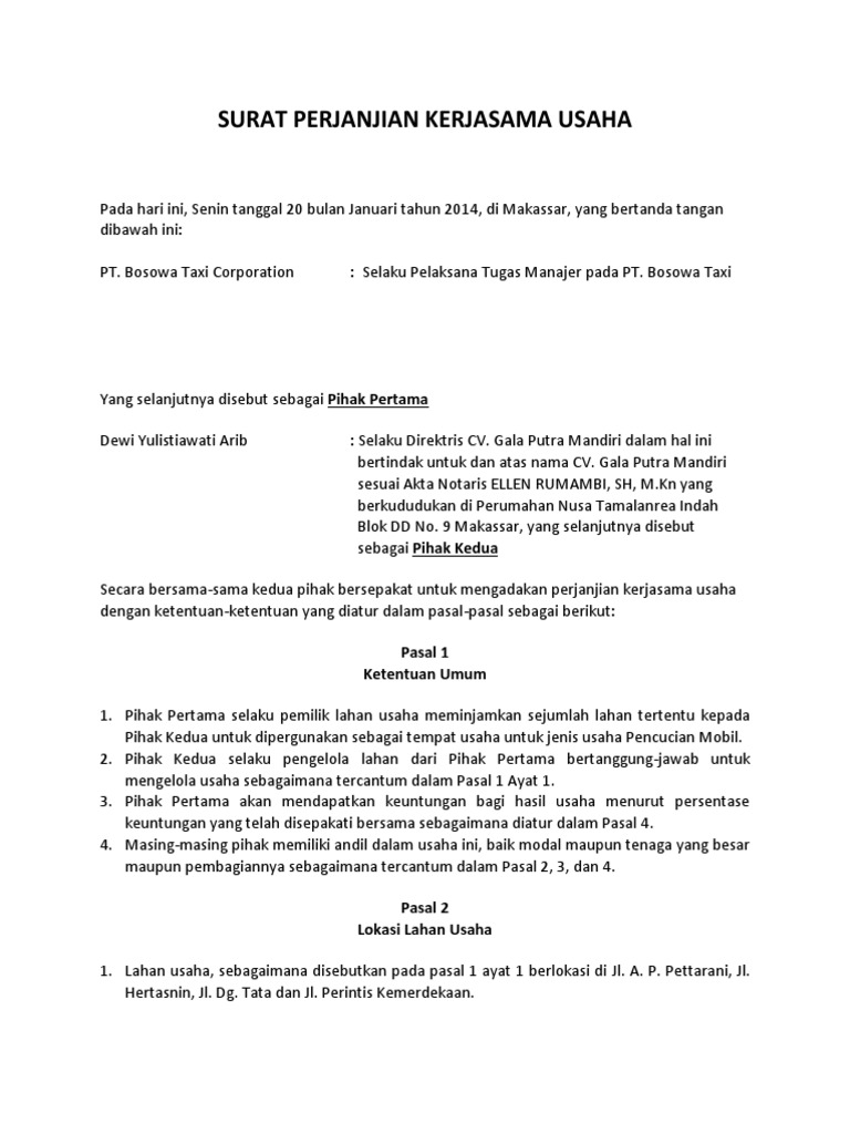 Surat Perjanjian Kerjasama Usaha