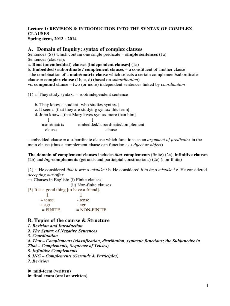 Syntax of Complex Clauses Explained | PDF | Clause | Phrase