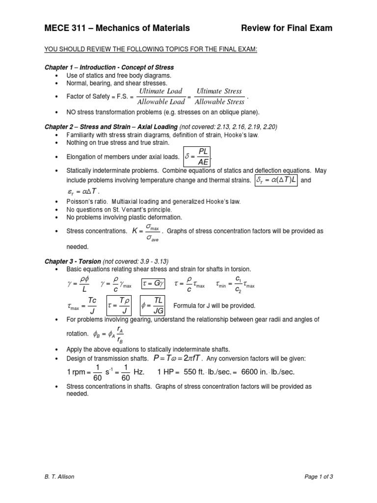 Mechanics of Materials Exam Review | PDF | Bending | Deformation ...