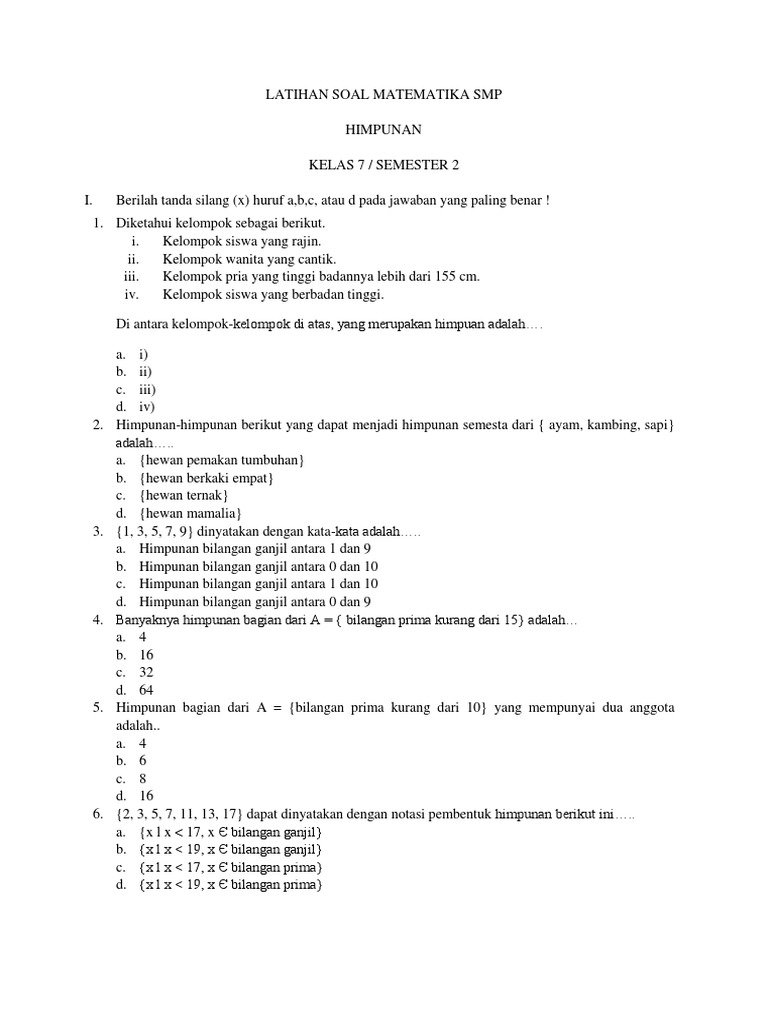 7 Latihan Soal Matematika Himpunan Smp