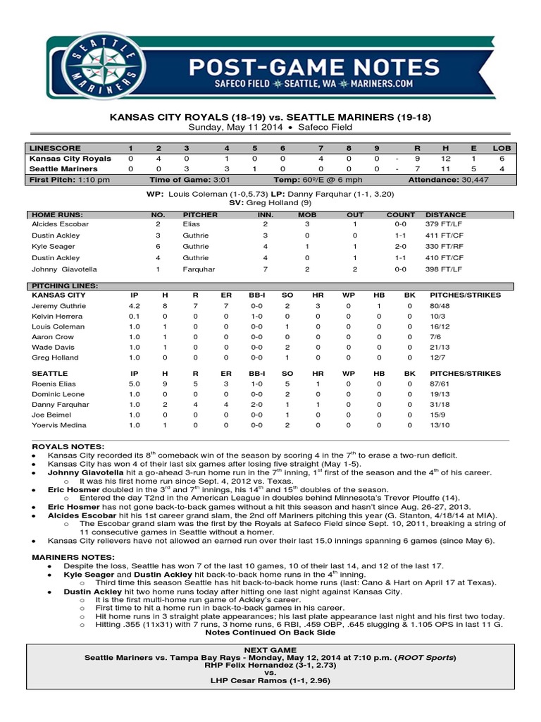 05.11.14 Post-Game Notes | PDF | Home Run | Run (Baseball)
