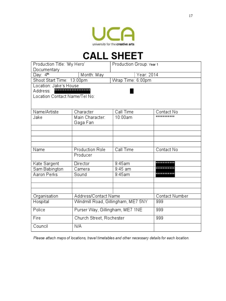 My Hero Documentary Call Sheet | PDF