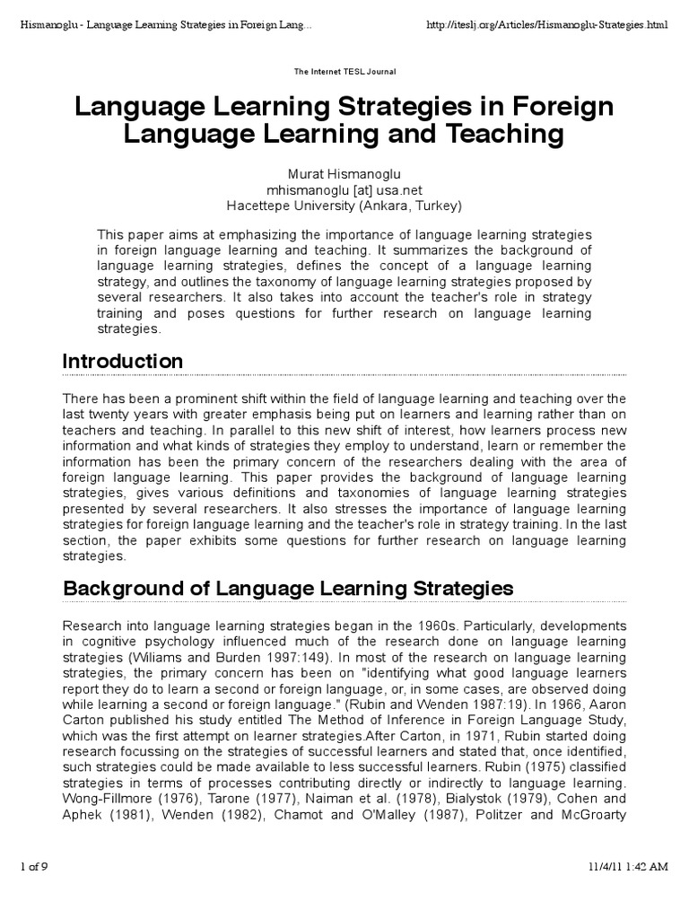 Language Learning Strategies in Foreign Language Learning and Teaching