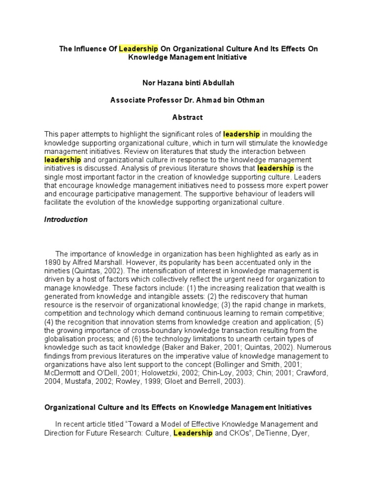 Leadership's Impact on Knowledge Culture | PDF | Organizational Culture ...