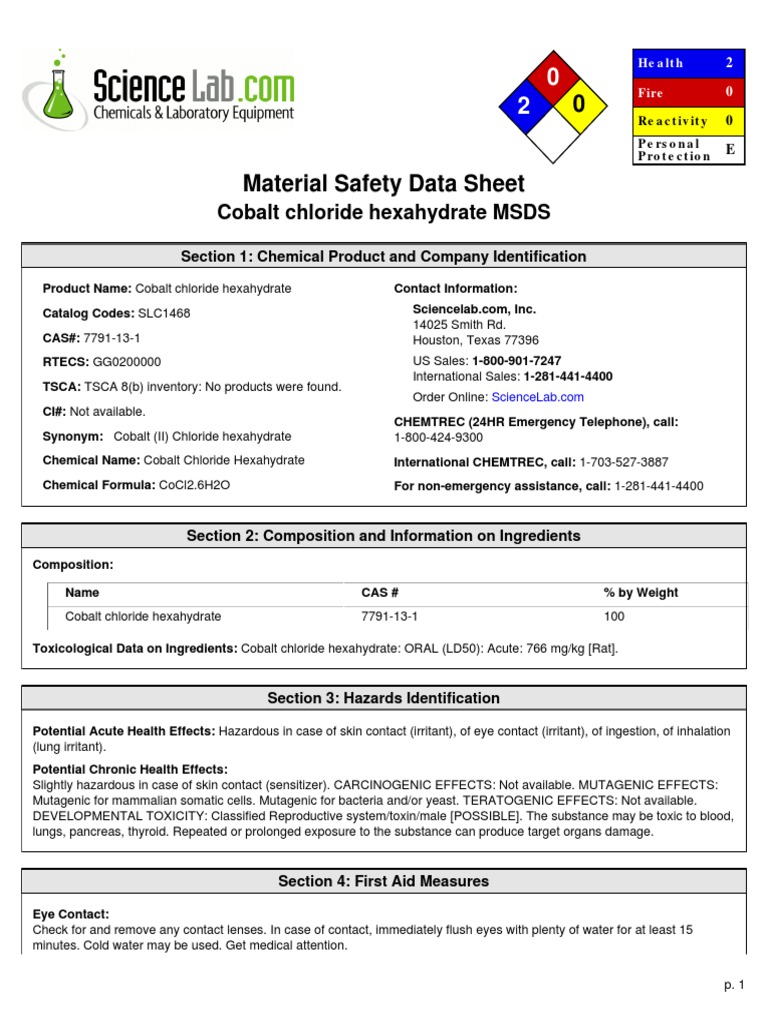 Cobalt Chloride Hexahydrate MSDS Section 1 Chemical Product and
