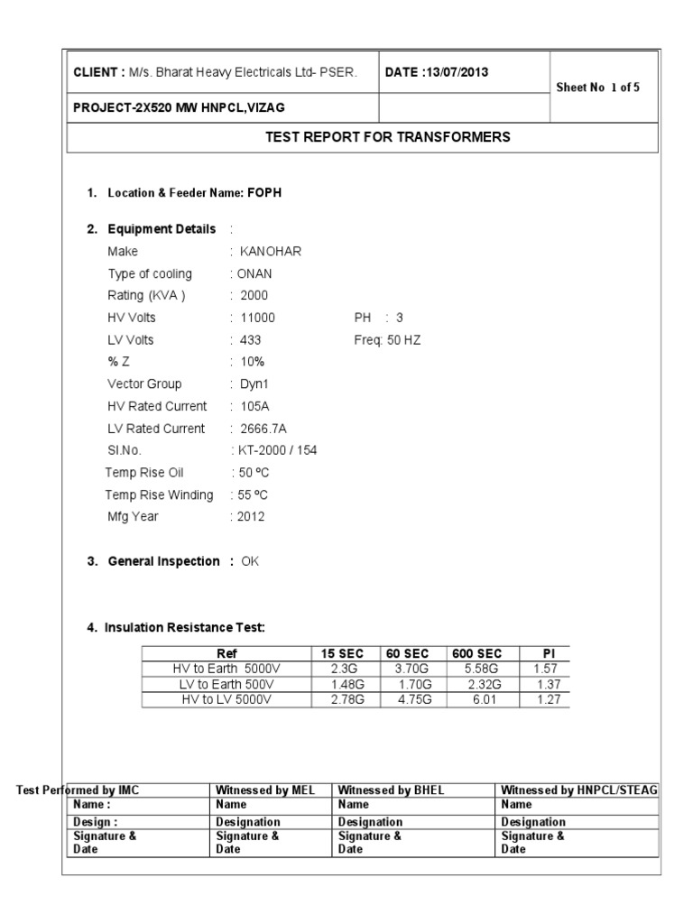 Typical Transformer Test Report Transformer Electrical Components