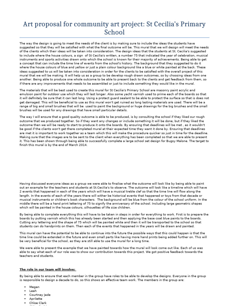 Art proposal for community art project St Cecilia’s Primary School