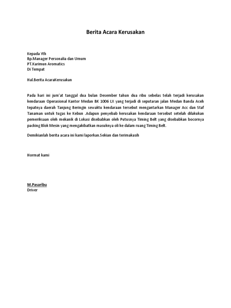 Contoh Surat Berita Acara Kerusakan Barang