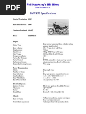 BMW K75 Specifications: Start of Production 1985 | PDF