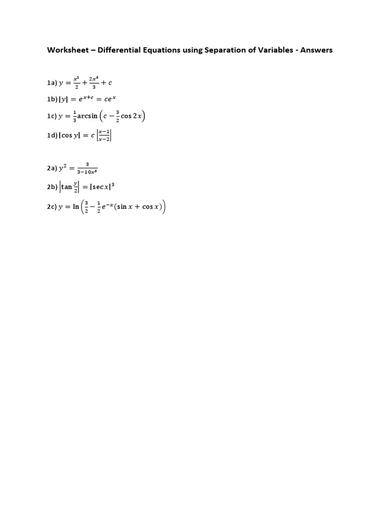 Answers For Separation of Variables Worksheet | PDF