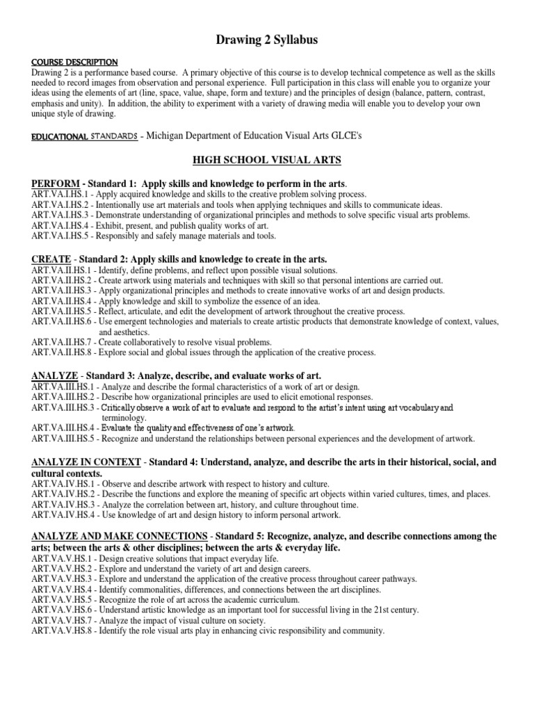 Drawing 2 Syllabus High School Visual Arts Drawing Design