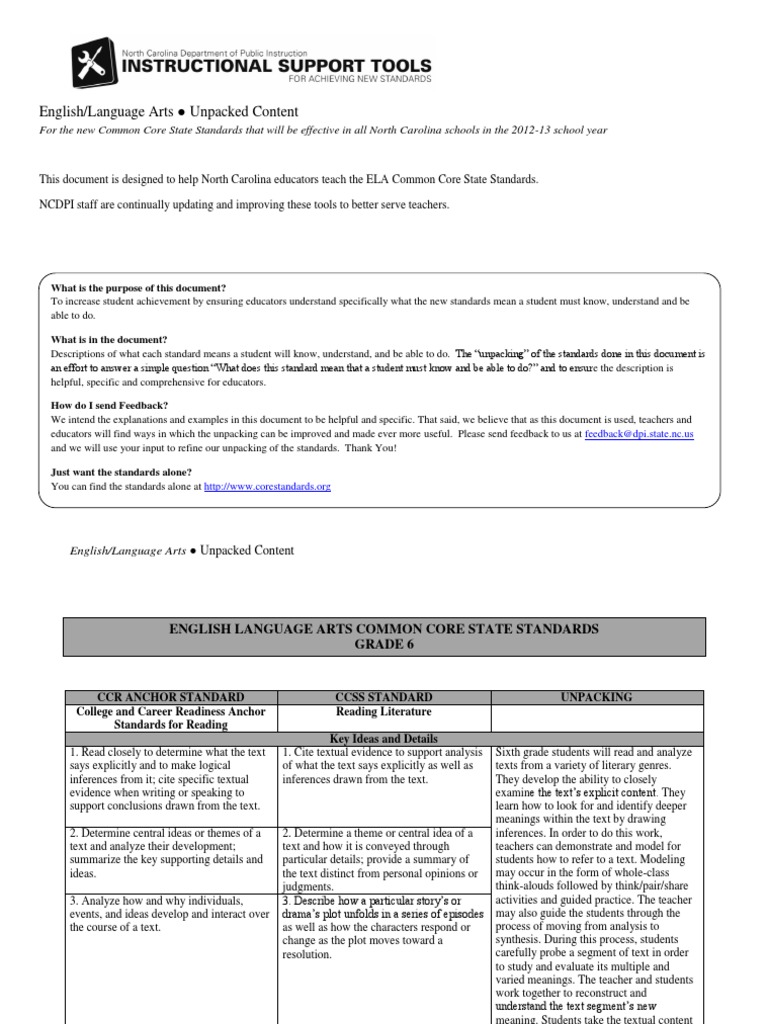 Unpacking ELA Standards for Grade 6 | PDF | Reading Comprehension ...