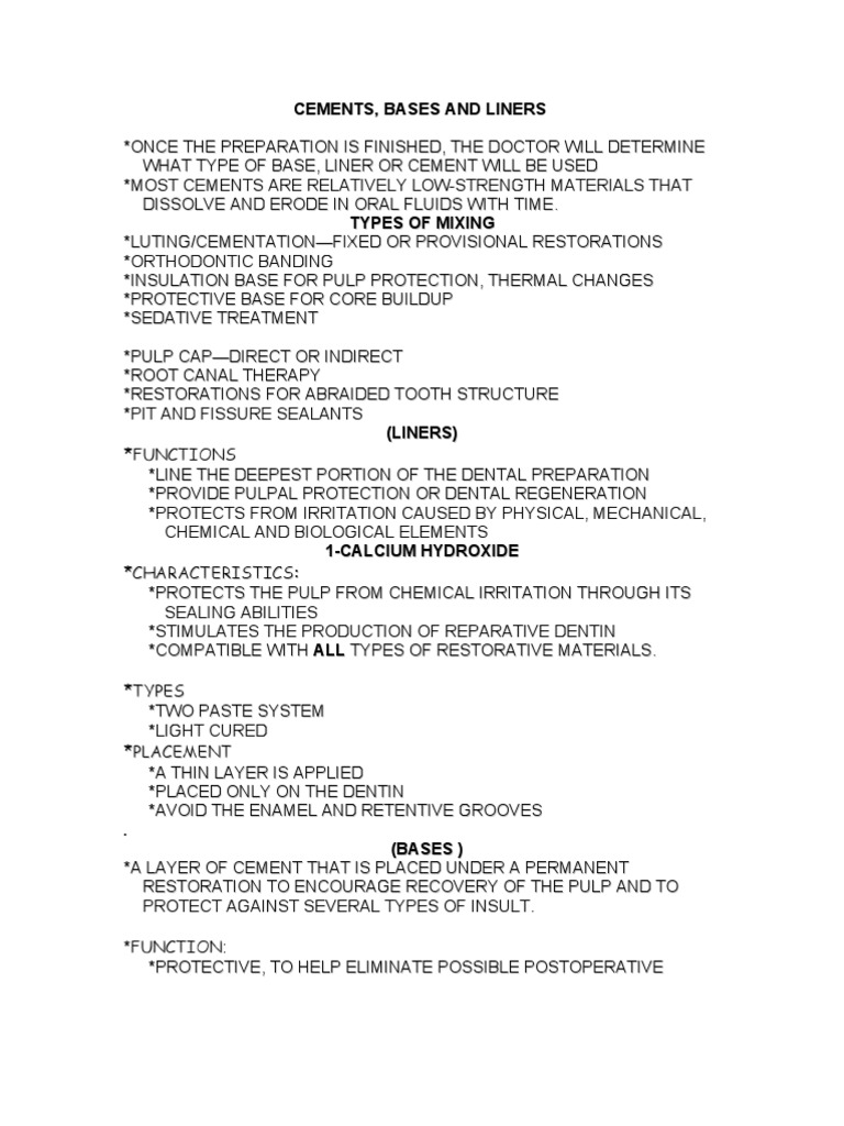 Cements, Bases and Liners PDF Dentistry Branches Dentistry