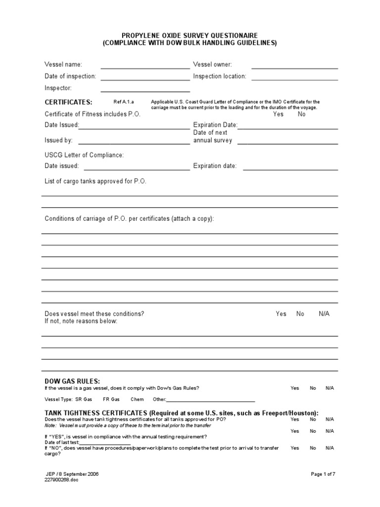 Checklist For Inspecting Vessels Loading Propylene Oxide PO | Download ...