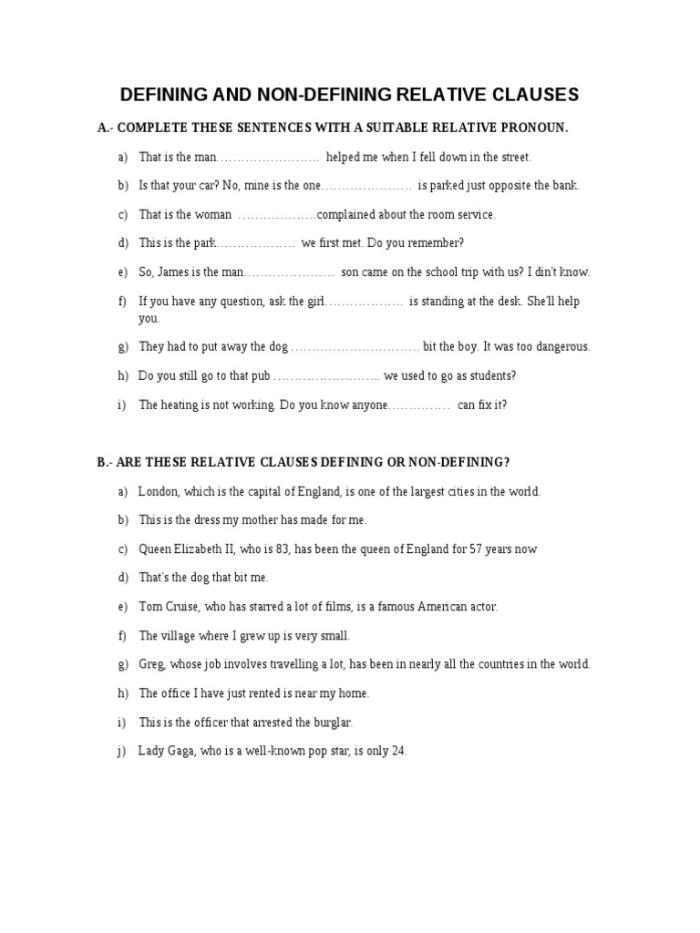 Relative Clauses: Defining vs Non-Defining | PDF | Language Arts ...