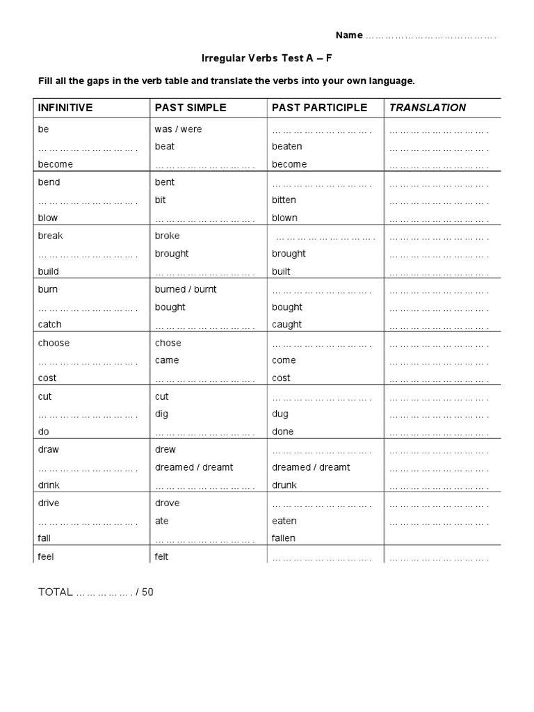 Irregular Verbs Test A - F: Name | PDF