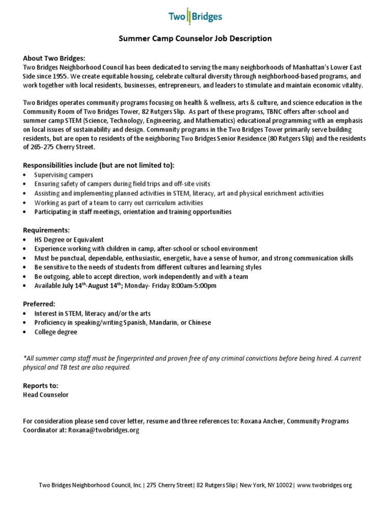 Camp Counselor Job Description PDF Science, Technology, Engineering