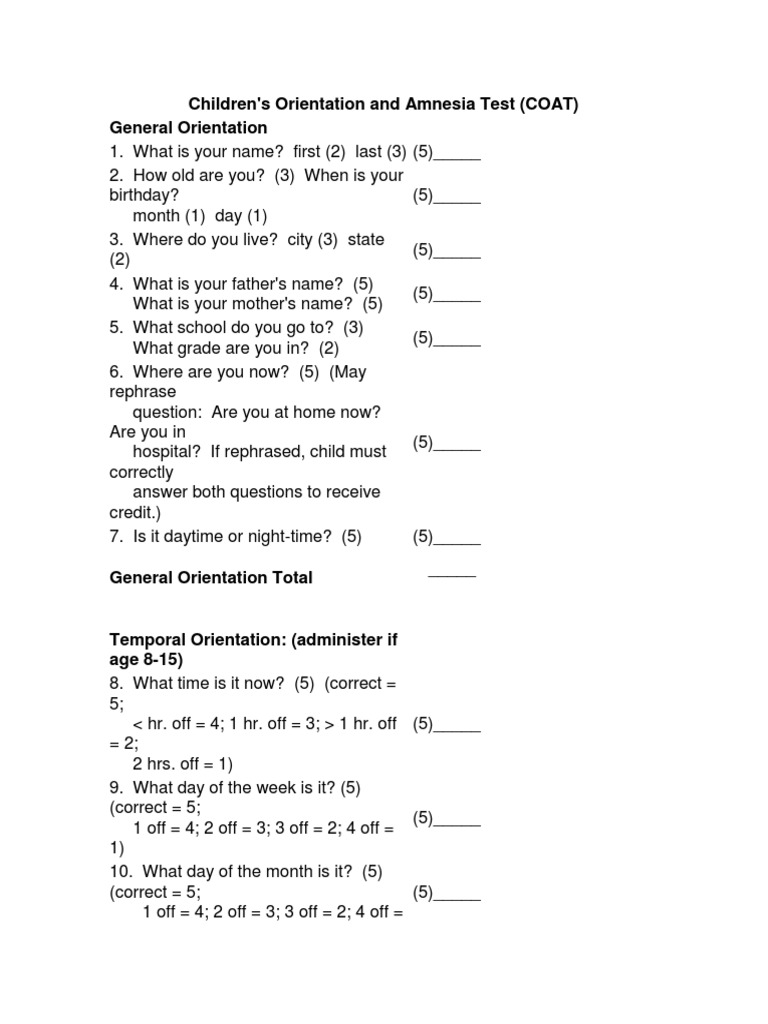 Orientation and Amnesia Test PDF