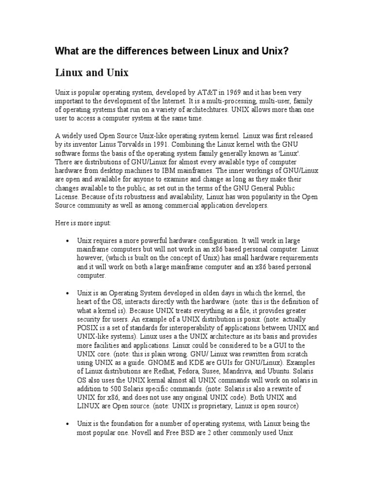 Differences between Linux and Unix | PDF | Operating System | Unix image.