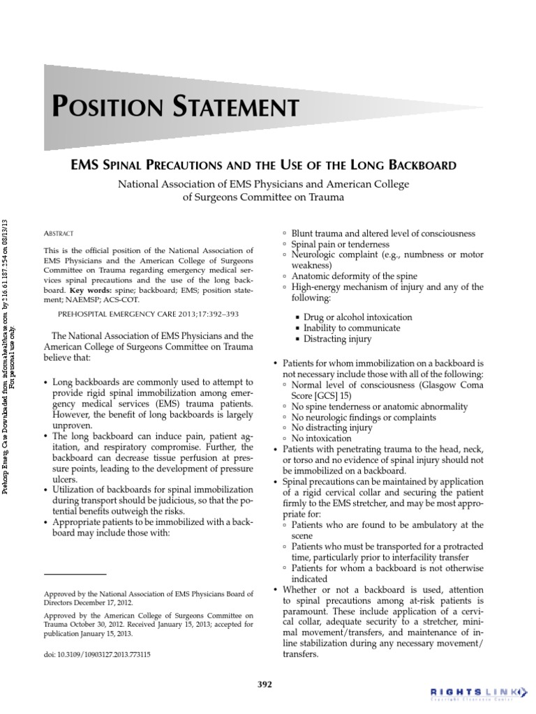 POSITION EMS Spinal Precautions and The Use of The Long Backboard PDF