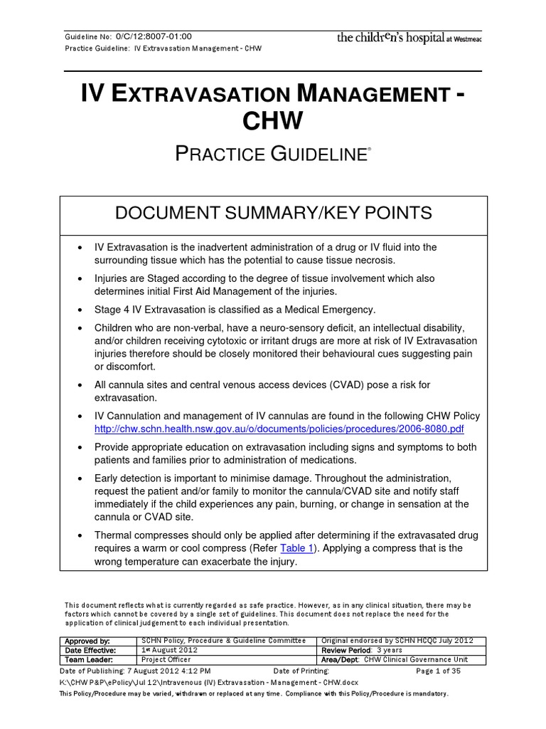 Guideline of Extravasation Intravenous Therapy Injection (Medicine)