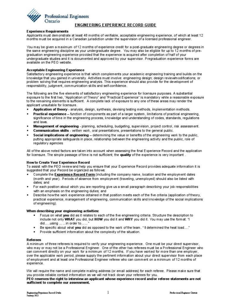 PEO Engineering Experience Record Guide | PDF | Engineering | Science