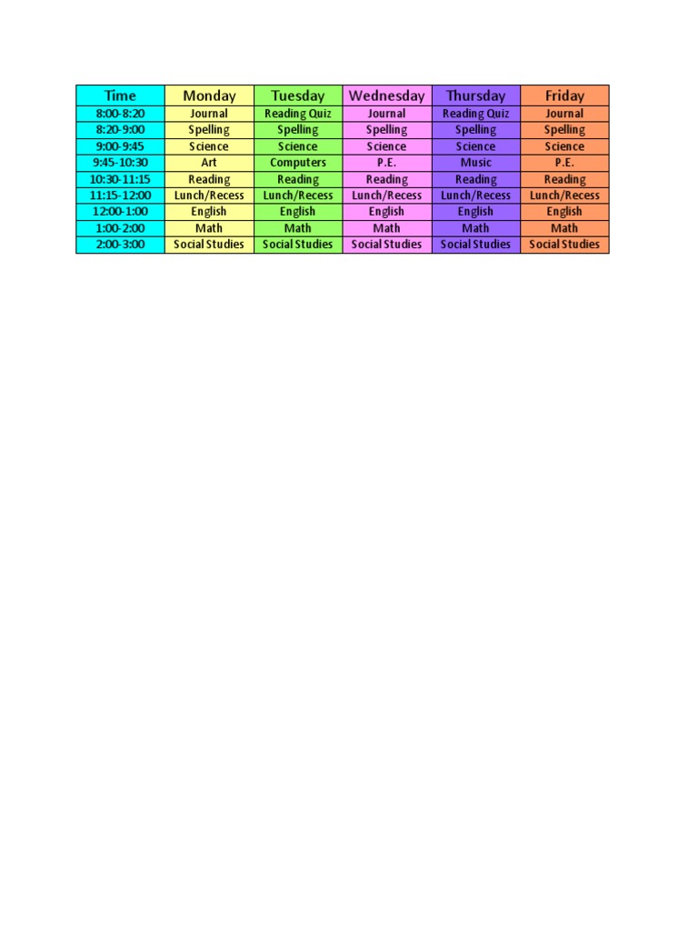 Weekly Class Schedule Overview | PDF