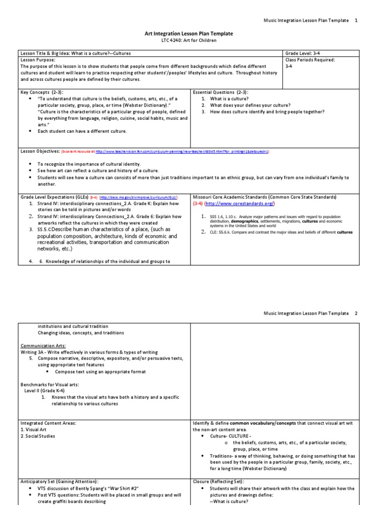 art integration lesson plan template Traditions Lesson Plan