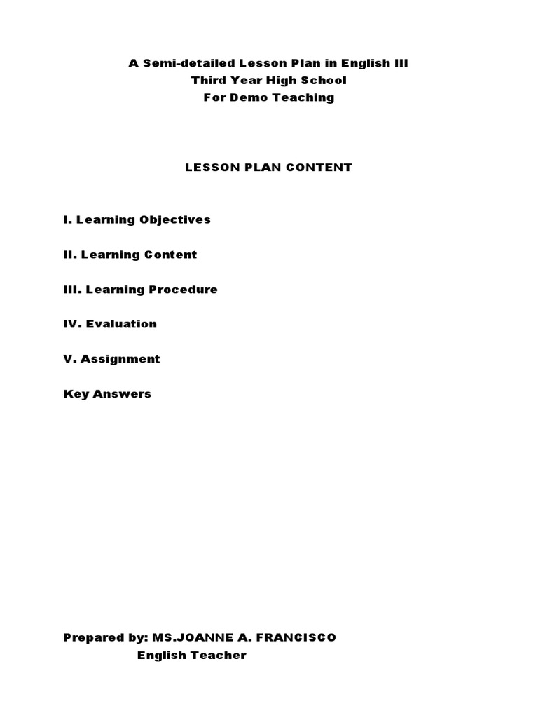 Lesson Plan for Demo Teaching Verb Lesson Plan
