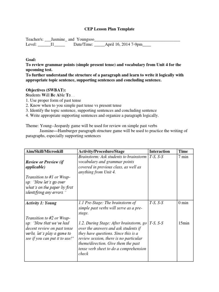 Efolio Sample Lesson Plan 1 | PDF | Lesson Plan | Verb