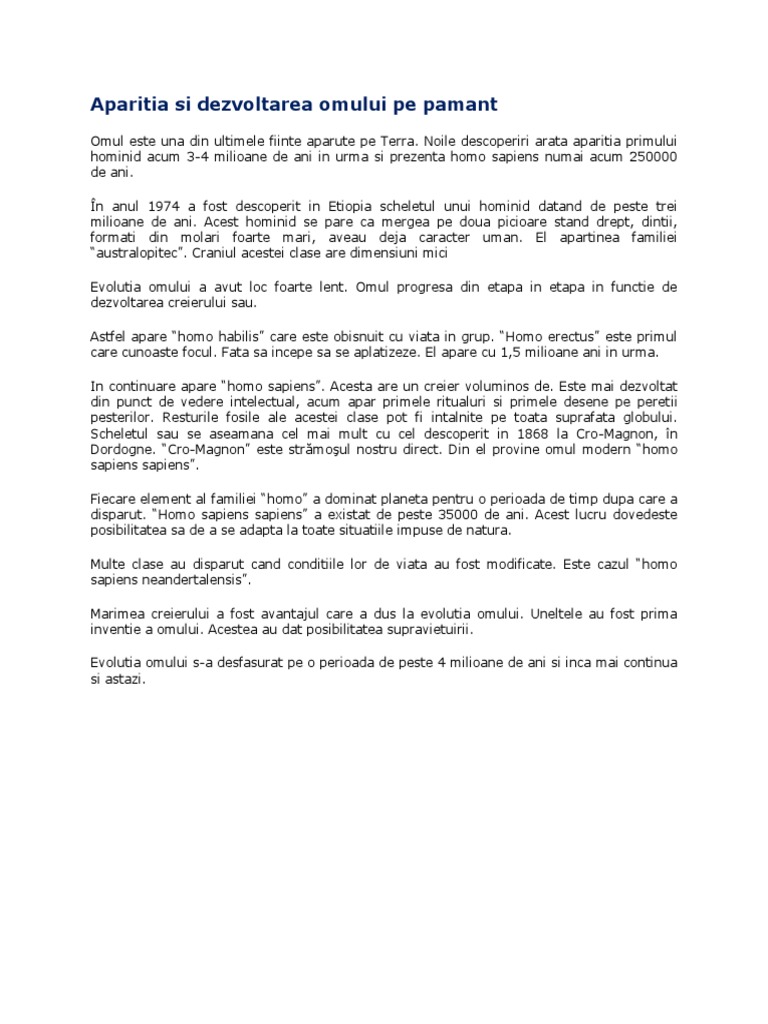 Aparitia Si Dezvoltarea Omului Pe Pamant