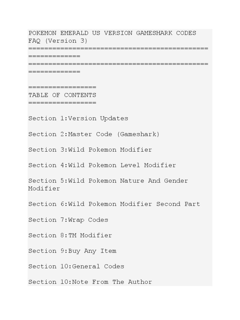 Pokémon Emerald Gameshark Codes Guide | PDF | Nintendo Franchises ...