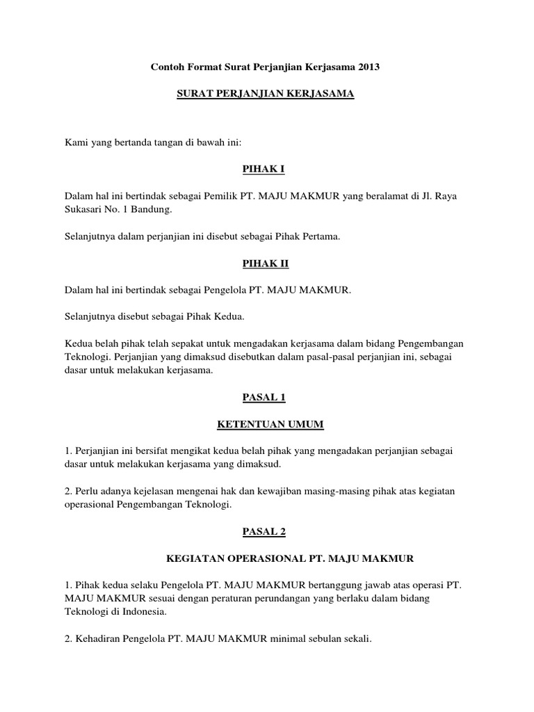 Contoh Format Surat Perjanjian Kerjasama 2013 Pdf