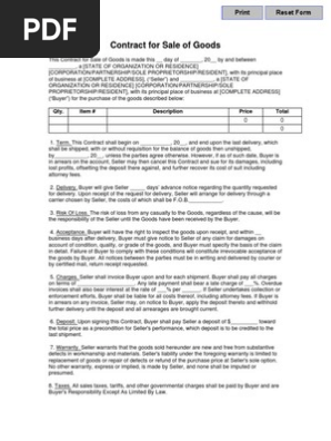 Simple Blank Contract for Sale of Goods