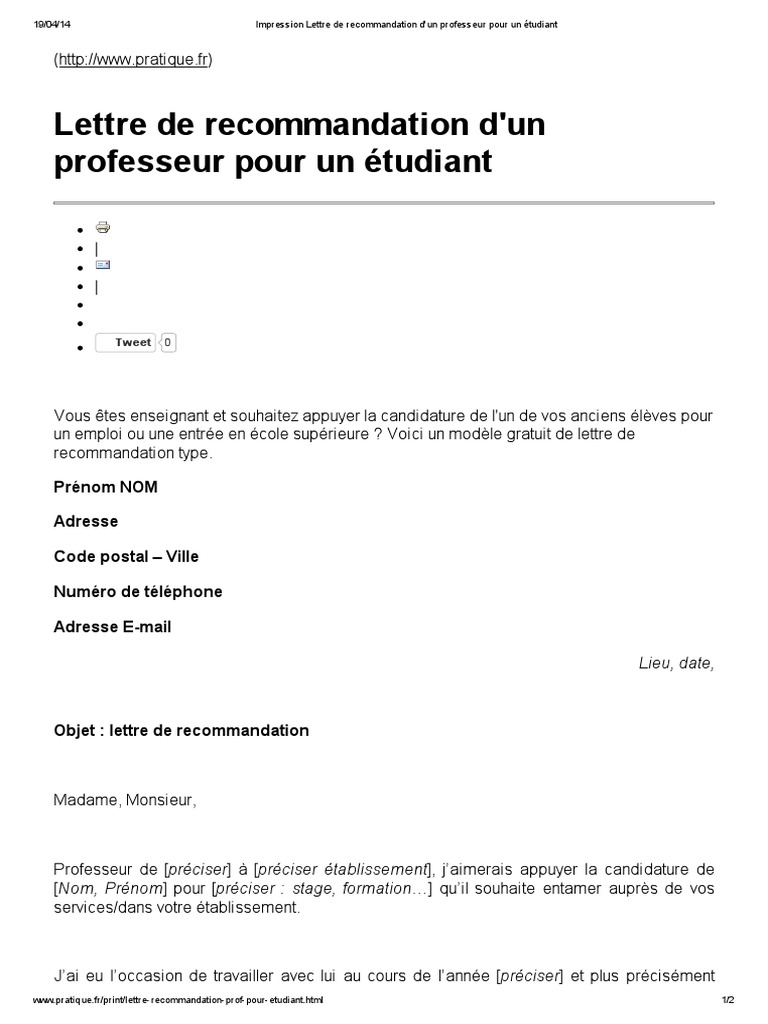 Lettre De Recommandation D un Prof Pour Un étudiant Pdf Impression Lettre de Recommandation D'un Professeur Pour Un Étudiant | PDF  | Business | Science