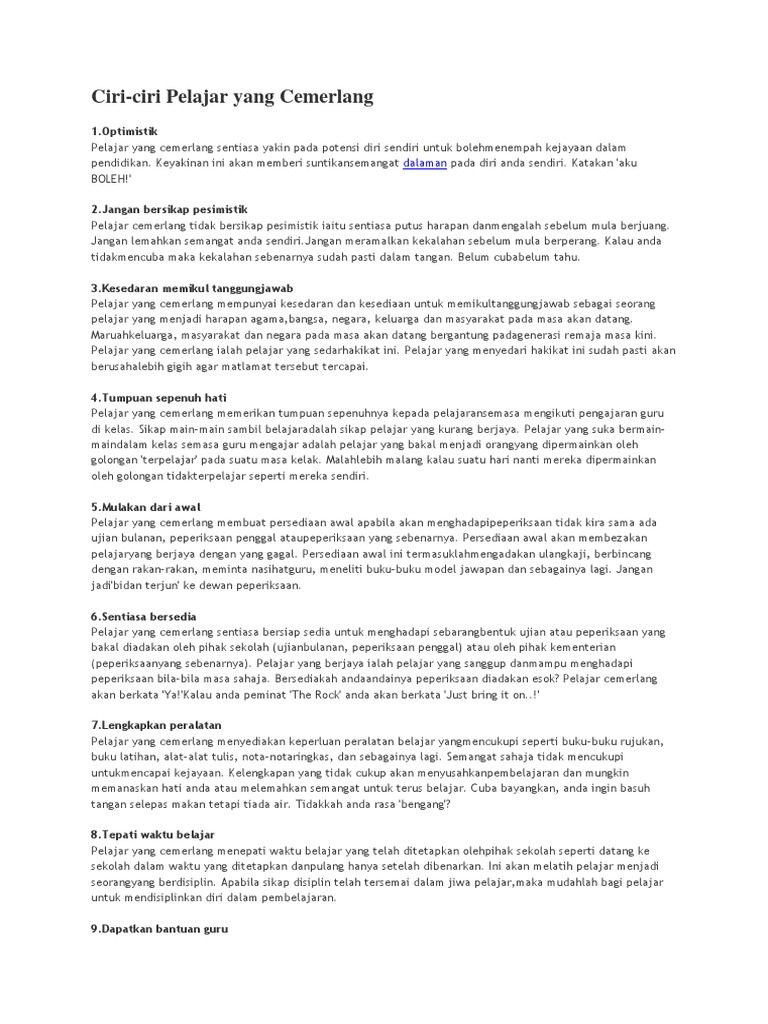 Ciri Ciri Pelajar Cemerlang Pdf