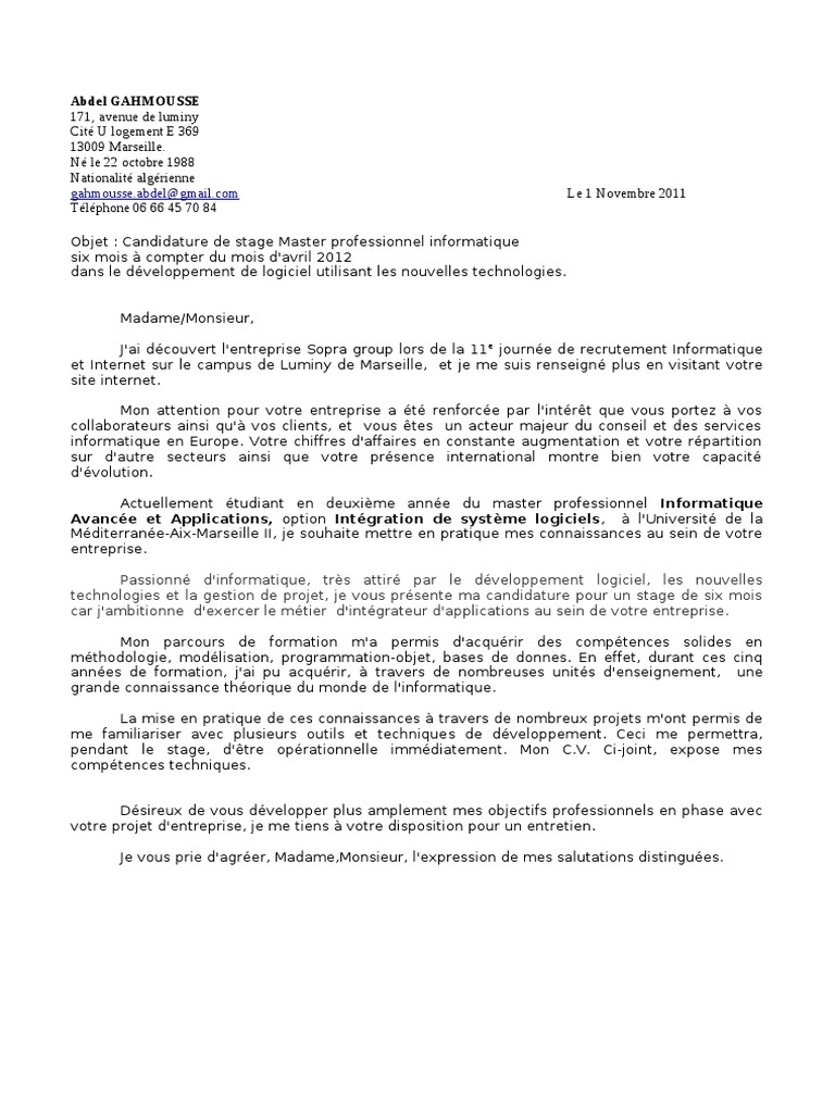Lettre De Motivation Master Informatique