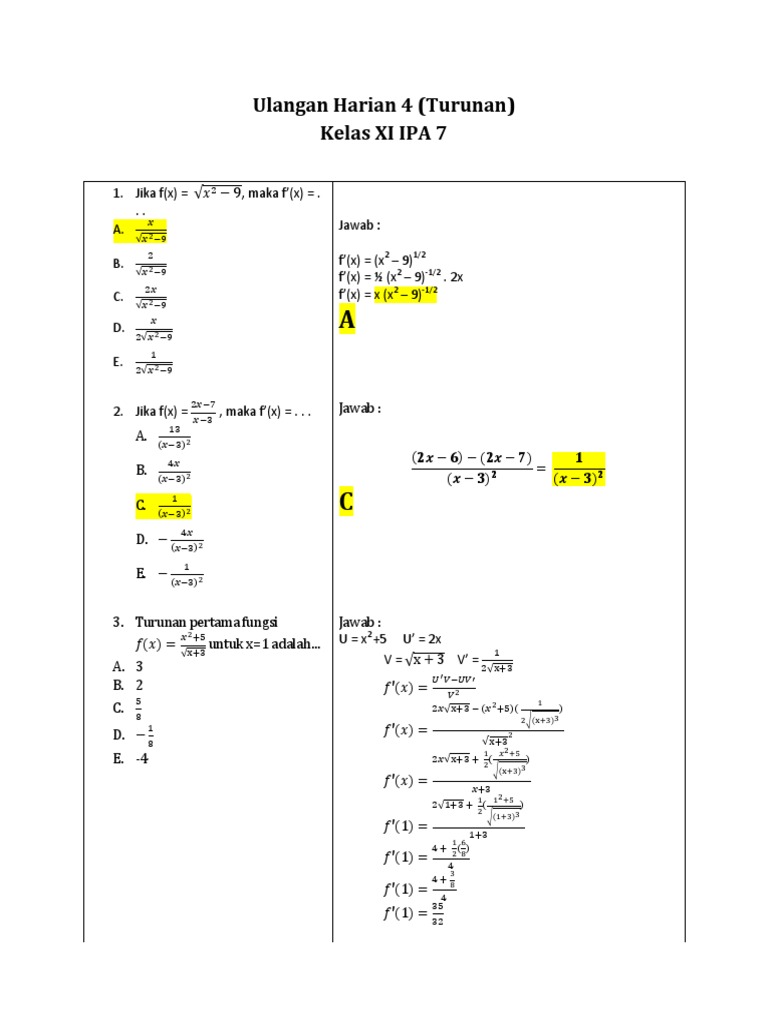 Latihan Matematika Turunan (Soal Dan Pembahasan) PDF