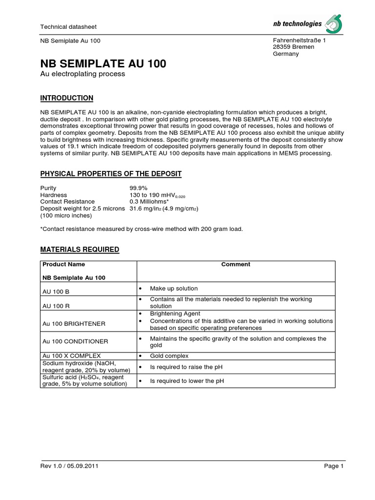 NB Semiplate Au 100 Datasheet | PDF | Gold | Ph