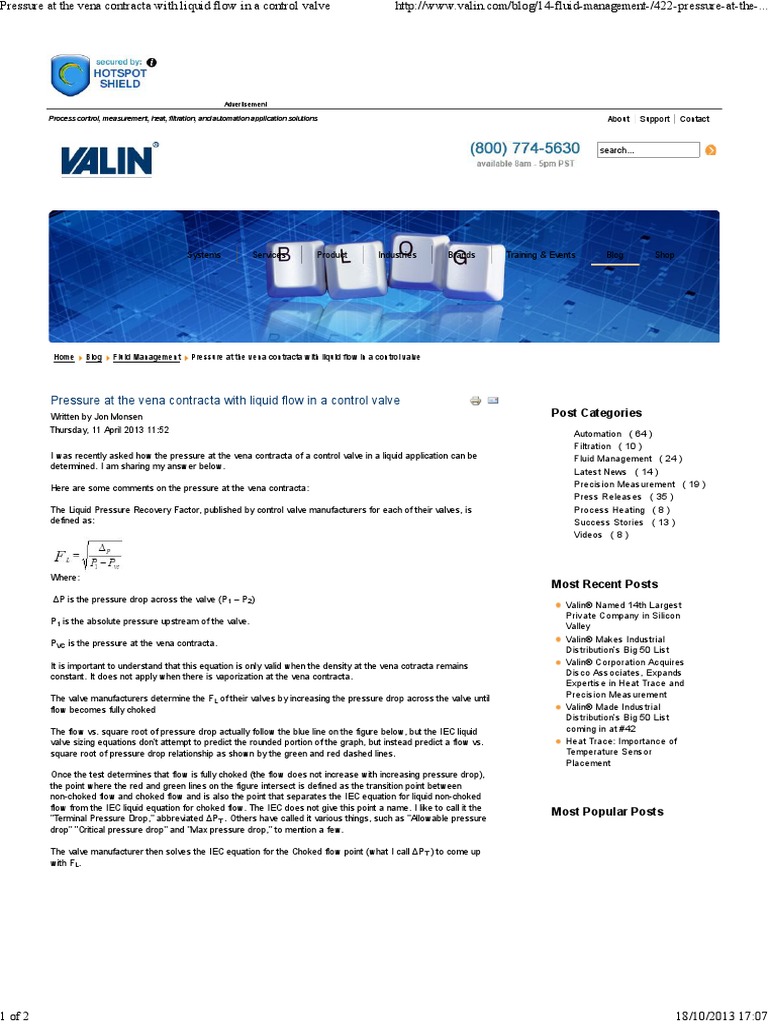 Pressure at The Vena Contracta With Liquid Flow in A Control Valve PDF Pressure Valve