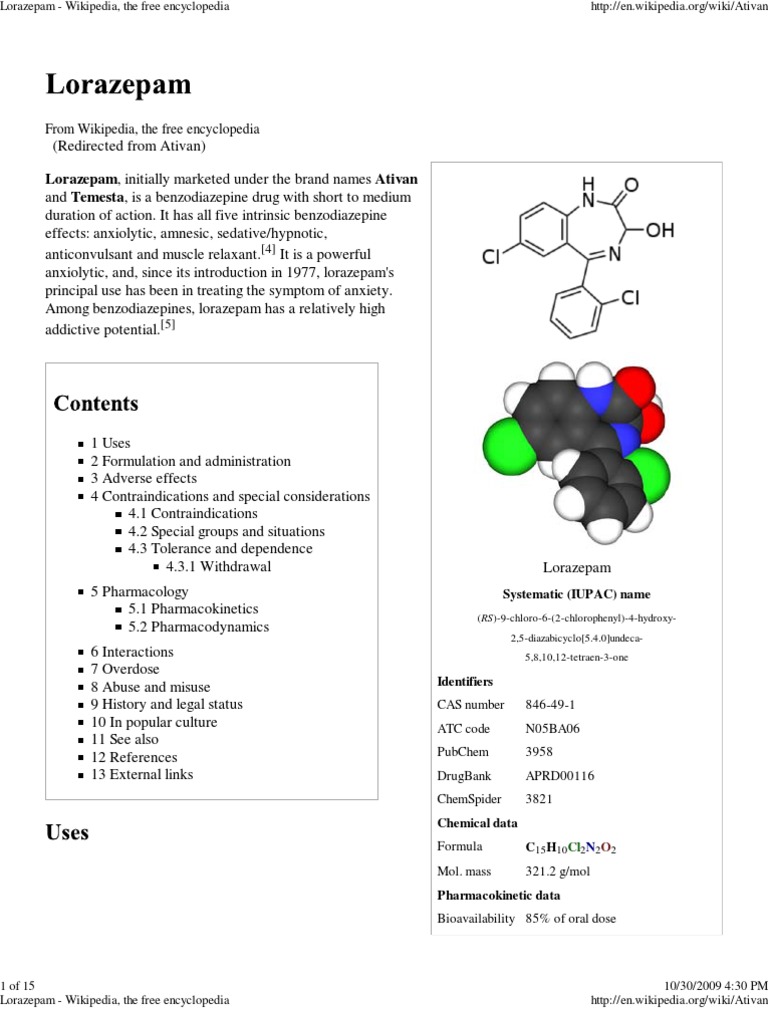 Lorazepam Wikipedia The Free Encyclopedia Benzodiazepine Medical Treatments