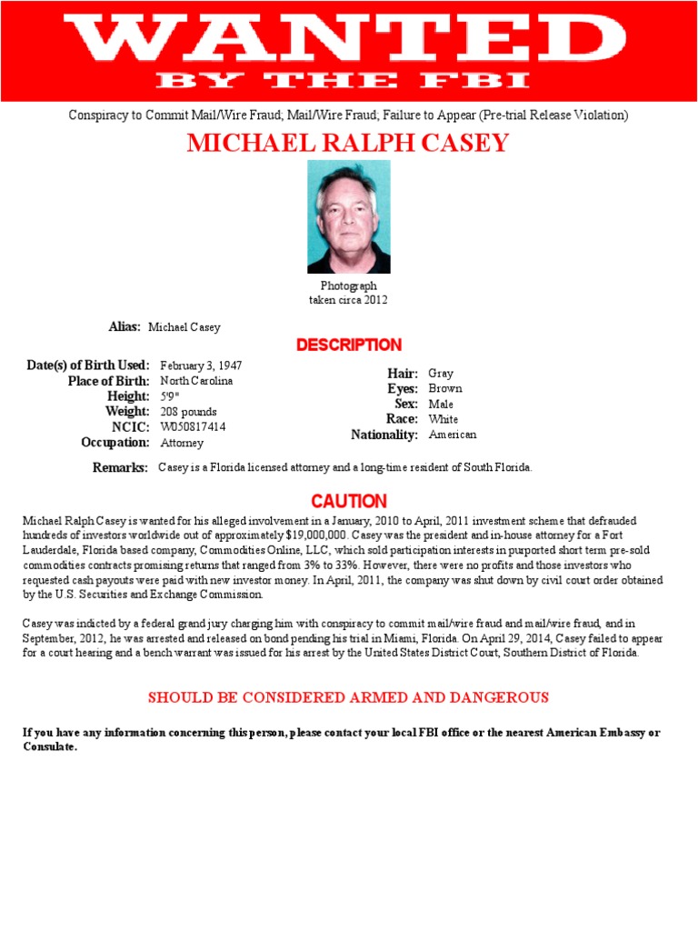 Michael Ralph Casey: Wanted for Fraud | PDF