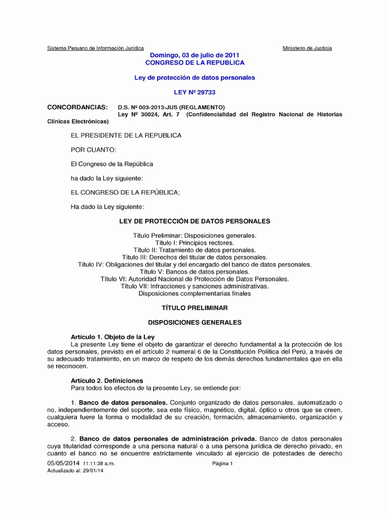 LEY 29733 Ley de Protección de Datos Personales PDF PDF Privacidad de la información