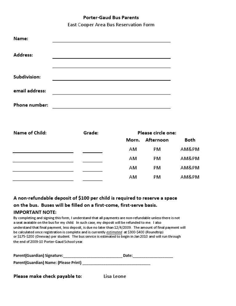 East Cooper Bus Reservation Form | PDF
