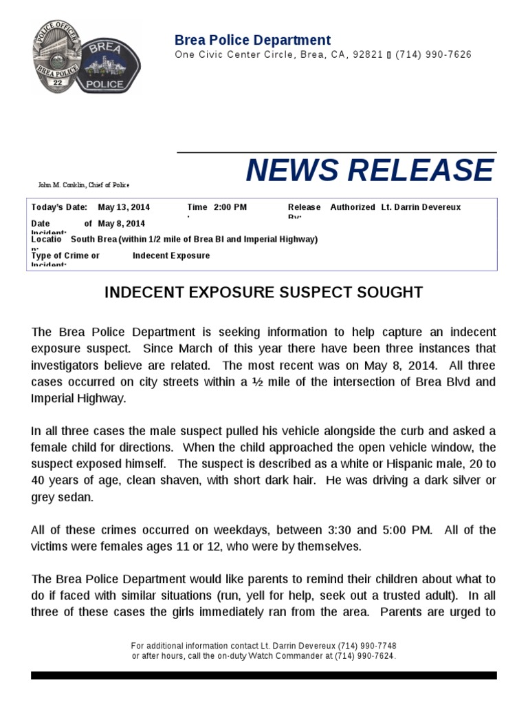 Brea Police Seek Indecent Exposure Suspect | PDF